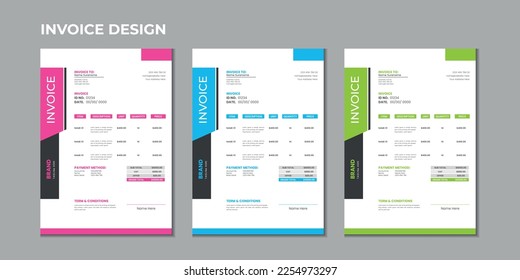 Minimal corporate Business multiple color variation a4 size vector invoice design template