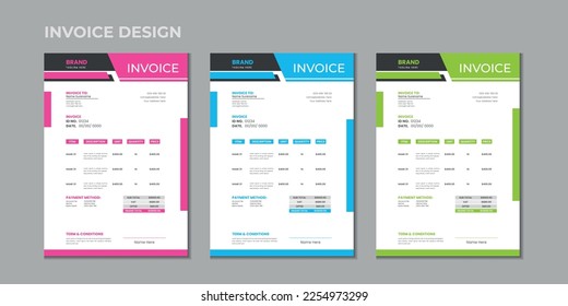 Minimal corporate Business multiple color variation a4 size vector invoice design template