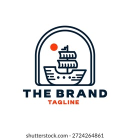Logotipo corporativo mínimo com três velas estilizadas dentro de um retângulo arredondado e um sotaque de sol vermelho; ideal para empresas marítimas, marcas de viagens e identidades premium.