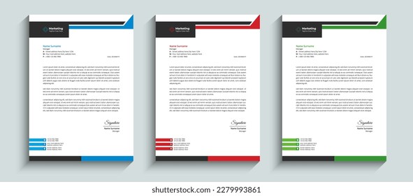 Minimal corporate official business letterhead template design. Professional company brand stationary identity and cover layout template with red, blue, and green colors.