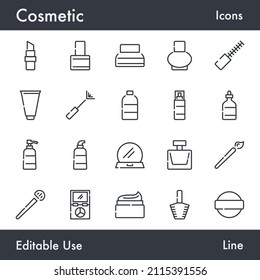 Minimal Cosmetic and Beauty vector line icon set. Contains linear outline icons like Lipstick, Cream Bottle, Makeup, Brush, Lotion, Spray, Skincare, Cleanser. Editable use and stroke for Web.
