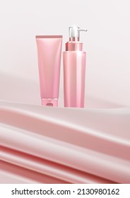 Minimal Cosmetic bottle on pink fabric background.branding and product presentation