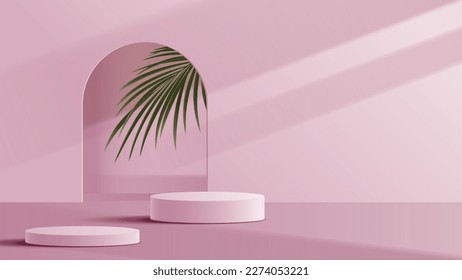 Minimal cosmetic pink background and premium podium display for product presentation branding and packaging presentation. studio stage with shadow of leaf background. vector design.