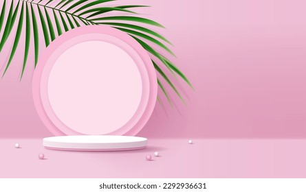 Minimal cosmetic pink background and premium podium display for product presentation branding and packaging presentation. studio stage with shadow of leaf background. vector design.