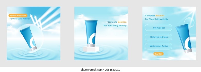 Minimal Cosmetic Social Media Square Post Template Banner Blue Color With Water Ripple, Bubble Shield Arrow, Pedestal, Cloud, Sky. For Product Knowledge, Display, Price, Catalog, Tips. Vector Design