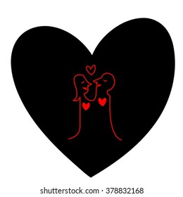 Minimal Couple Design One-line With Red And Black Hearts