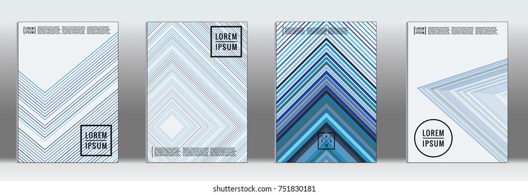 Minimal cover in blue. Vector abstract geometric line pattern for poster design. Set of minimal covers for business brochures. Blue banner background. Graphic pattern for annual album backdrop.