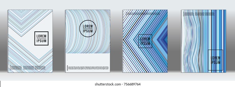 Minimal cover in blue. Vector abstract geometric line pattern for poster design. Set of minimal covers for business brochures. Blue banner background. Graphic pattern for annual album backdrop.