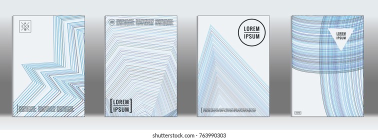Minimal cover in blue. Vector abstract geometric line pattern for poster design. Set of minimal covers for business brochures. Blue banner background. Graphic pattern for annual album backdrop.