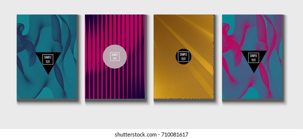 Minimal cover, cyan, magenta, yellow, purple, blue, pink business template. Bright hipster linear gradient background. Simple halftone background, zigzag, lines, waves abstract minimal cover template.