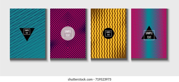 Minimal cover, cyan, magenta, yellow, purple, blue, pink business template. Bright hipster linear gradient background. Simple halftone background, zigzag, lines, waves abstract minimal cover template.