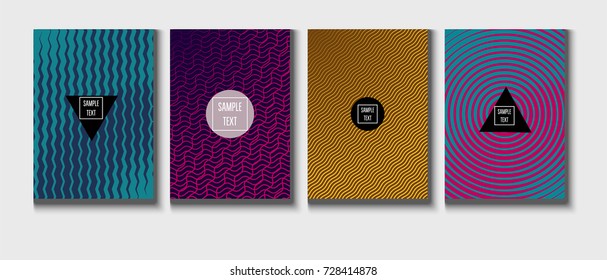 Minimal cover, cyan, magenta, yellow, purple, blue, pink business template. Bright hipster linear gradient background. Simple halftone background, zigzag, lines, waves abstract minimal cover template.