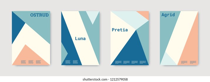Minimal cover design. Blue, pink, gold, white, bright business concept. Colorful set of vector graphic design covers. Cool geometric shape compositions. Minimal cover graphic design. Trendy booklet.