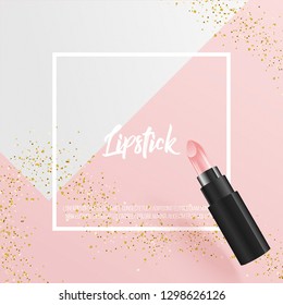 Minimal cover design with lipstick 3D vector illustration, frame and golden glitters. creative art for ad, banner, poster, cover, social media, promotion, print.