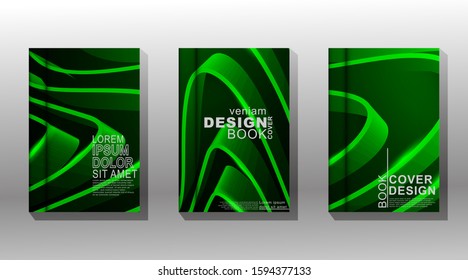 Minimal cover design. overlapping green ribbon waves on a dark background. 3d vector illustration