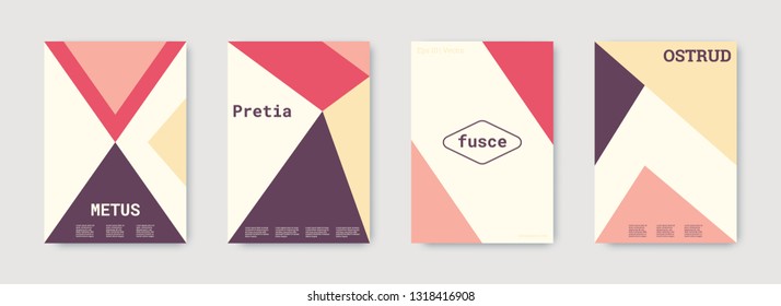 Minimal cover design. Purple, pink, gold, white, bright business concept. Colorful set of vector graphic design covers. Cool geometric shape compositions. Minimal cover graphic design. Trendy booklet.