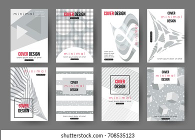 Minimal cover design set of brochures with headlines and geometric figures of different shapes vector illustrations.