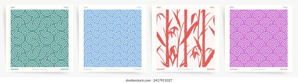 Minimal cover design. Spring natural wave seamless pattern set. Abstract line pattern design background.	