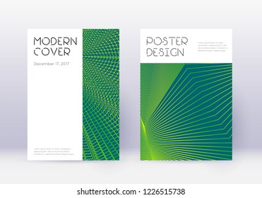 Minimal cover design template set. Green abstract lines on dark background. Cute cover design. Trending catalog, poster, book template etc.