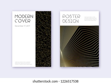 Minimal cover design template set. Gold abstract lines on black background. Cute cover design. Bold catalog, poster, book template etc.