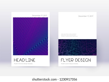 Minimal cover design template set. Neon abstract lines on dark blue background. Delightful cover design. Incredible catalog, poster, book template etc.