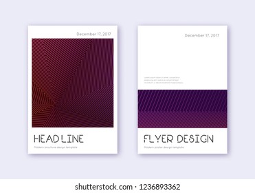 Minimal cover design template set. Violet abstract lines on dark background. Dramatic cover design. Ideal catalog, poster, book template etc.