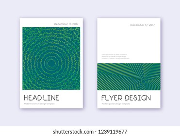 Minimal cover design template set. Green abstract lines on dark background. Delightful cover design. Fancy catalog, poster, book template etc.