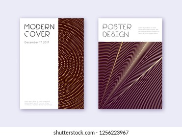 Minimal cover design template set. Gold abstract lines on maroon background. Cute cover design. Graceful catalog, poster, book template etc.