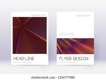 Minimal cover design template set. Orange abstract lines on wine red background. Divine cover design. Actual catalog, poster, book template etc.