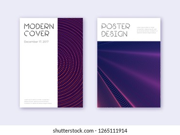 Minimal cover design template set. Violet abstract lines on dark background. Delicate cover design. Divine catalog, poster, book template etc.