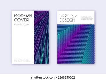 Minimal cover design template set. Neon abstract lines on dark blue background. Dazzling cover design. Astonishing catalog, poster, book template etc.