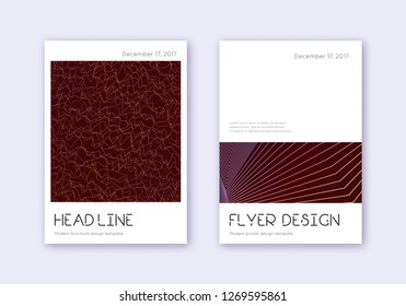 Minimal cover design template set. Orange abstract lines on wine red background. Divine cover design. Admirable catalog, poster, book template etc.
