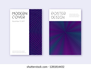 Minimal cover design template set. Neon abstract lines on dark blue background. Dazzling cover design. Elegant catalog, poster, book template etc.