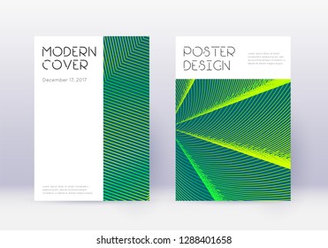 Minimal cover design template set. Green abstract lines on dark background. Cute cover design. Original catalog, poster, book template etc.