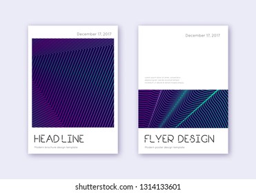 Minimal cover design template set. Neon abstract lines on dark blue background. Delightful cover design. Neat catalog, poster, book template etc.