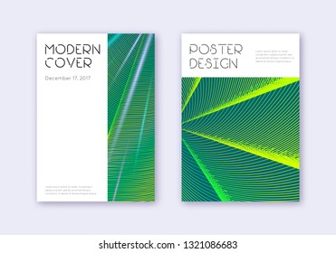 Minimal cover design template set. Green abstract lines on dark background. Cute cover design. Optimal catalog, poster, book template etc.