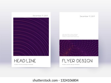 Minimal cover design template set. Violet abstract lines on dark background. Dramatic cover design. Interesting catalog, poster, book template etc.