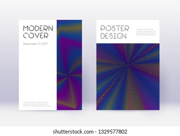 Minimal cover design template set. Rainbow abstract lines on dark blue background. Dazzling cover design. Unique catalog, poster, book template etc.