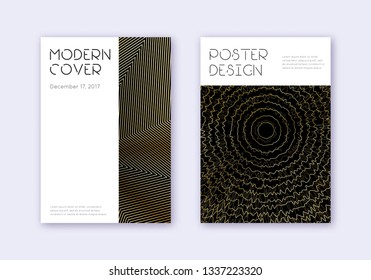 Minimal cover design template set. Gold abstract lines on black background. Curious cover design. Trending catalog, poster, book template etc.
