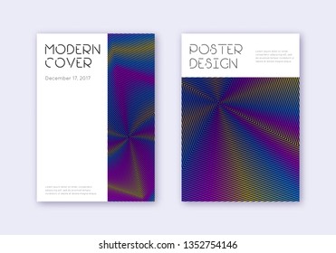 Minimal cover design template set. Rainbow abstract lines on dark blue background. Dazzling cover design. Trending catalog, poster, book template etc.
