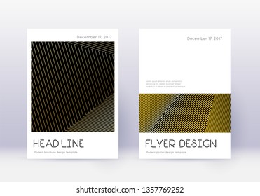 Minimal cover design template set. Gold abstract lines on black background. Delicate cover design. Lovely catalog, poster, book template etc.