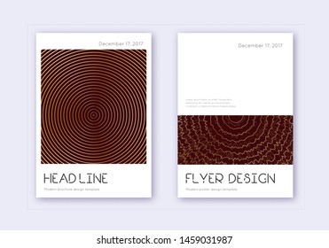 Minimal cover design template set. Gold abstract lines on maroon background. Delicate cover design. Radiant catalog, poster, book template etc.
