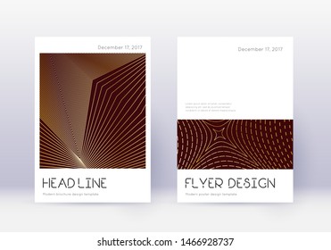 Minimal cover design template set. Gold abstract lines on maroon background. Delicate cover design. Mind-blowing catalog, poster, book template etc.