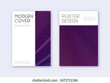 Minimal cover design template set. Violet abstract lines on dark background. Delicate cover design. Beauteous catalog, poster, book template etc.