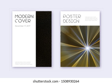 Minimal cover design template set. Gold abstract lines on black background. Cute cover design. Awesome catalog, poster, book template etc.