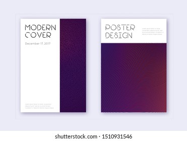 Minimal cover design template set. Violet abstract lines on dark background. Delicate cover design. Breathtaking catalog, poster, book template etc.