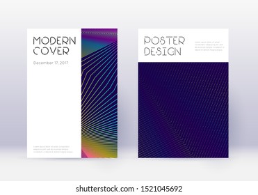 Minimal cover design template set. Rainbow abstract lines on dark blue background. Dazzling cover design. Pretty catalog, poster, book template etc.