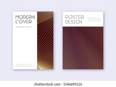 Minimal cover design template set. Gold abstract lines on maroon background. Cute cover design. Eminent catalog, poster, book template etc.
