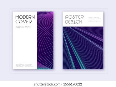Minimal cover design template set. Neon abstract lines on dark blue background. Dazzling cover design. Exotic catalog, poster, book template etc.