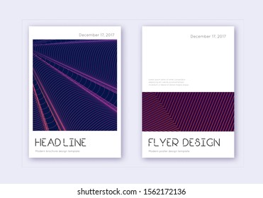 Minimal cover design template set. Violet abstract lines on dark background. Dramatic cover design. Glamorous catalog, poster, book template etc.